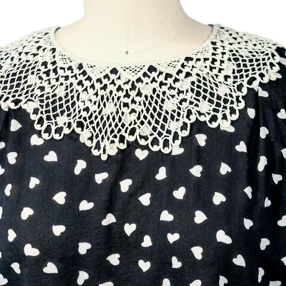 Ruth - Heart Print Cotton Blouse with Up-cycled Collar - Size Medium/Large